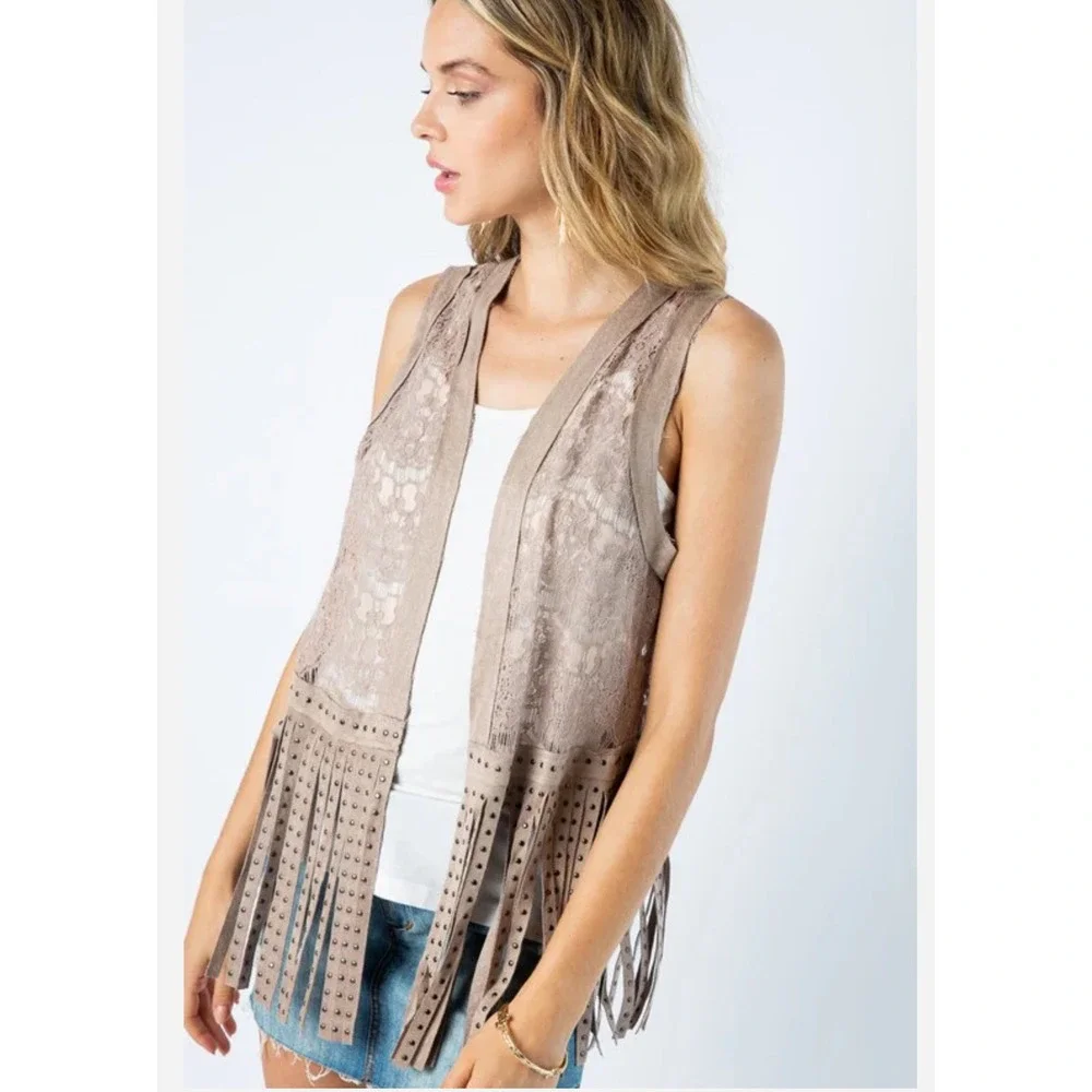 Vocal Boho Lace Fringe‎ Studded Vest Tan Neutral Layering Piece Medium